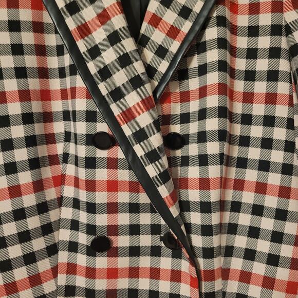 Karl Lagerfeld Paris Plaid‎ Double Breasted Plaid Blazer Womens 14 Leather Trim - Picture 3 of 8